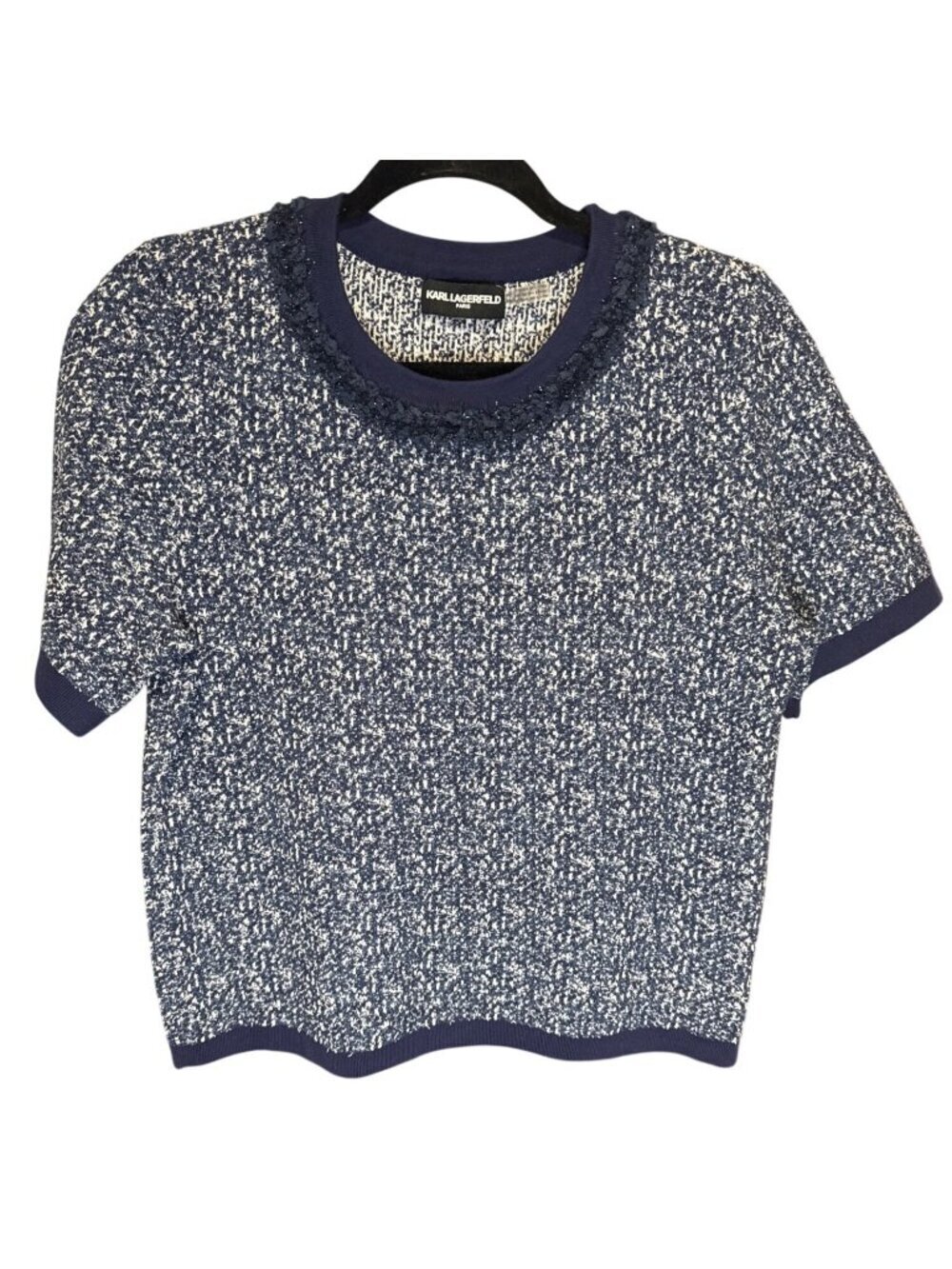 NWT Karl Lagerfeld Paris Blue White Tweed Denim Short Sleeve Sweater L MSRP $119